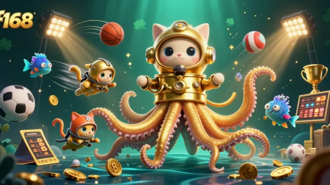 Betting with f168, the kraken emerges with golden tentacles, amidst dynamic sports-themed elements