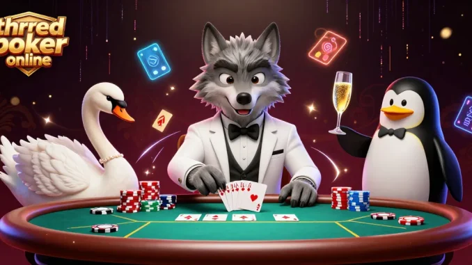 Engage with three card poker online in a vibrant, dynamic casino scene featuring rich character interactions.