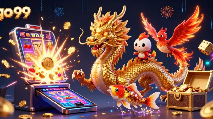 Experience thrilling action with go 99 as a golden dragon and phoenix burst through vibrant casino symbols.
