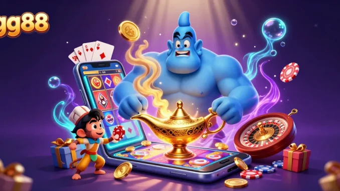 Experience the thrilling magic of gg88 with a captivating casino illustration featuring a genie and poker chips.