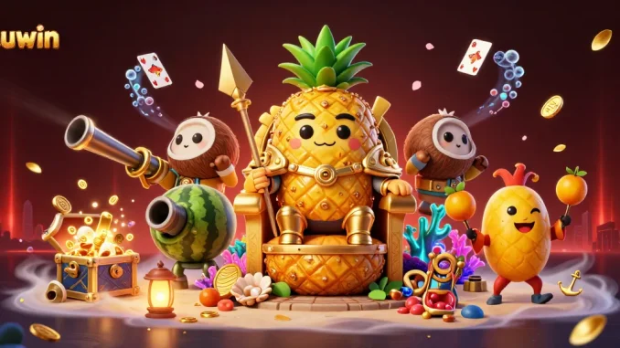 Kuwin gaming experience featuring a vibrant scene with a golden pineapple king and exciting beach casino elements