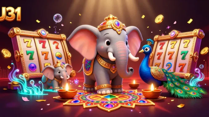 Experience thrilling gameplay with U31's colorful slot reels amidst vibrant decorations and glowing elements.