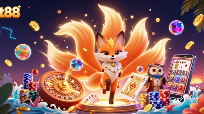 Experience stunning gameplay with tt88 in a vibrant 3D casino illustration featuring a glowing fox spirit.