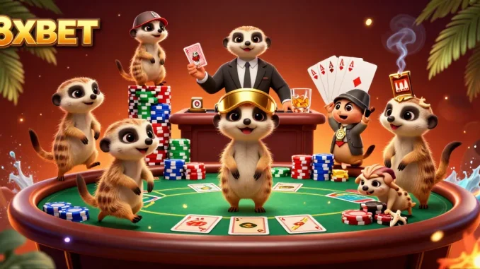 Engage with 8XBET's vibrant casino experience showcasing meerkats in a dynamic gambling scene.