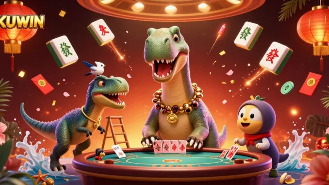 Engage with the adventurous KUWIN casino scene featuring a towering brontosaurus and vibrant gaming elements.