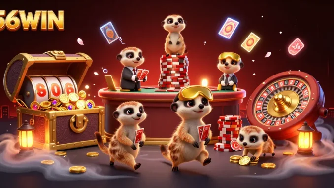 Experience thrill and excitement with 56WIN's vibrant casino scene featuring lively meerkats!