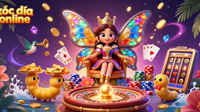 Engage in xóc đĩa online with vibrant 3D characters, casino elements, and a magical backdrop.