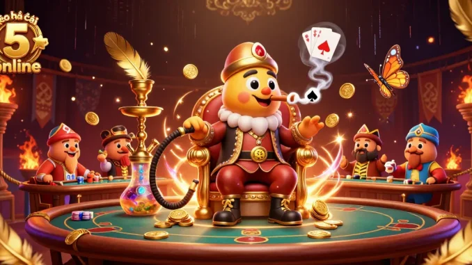 Engage with kèo nhà cái 5 online in this dynamic casino illustration showcasing a poker-themed arena.
