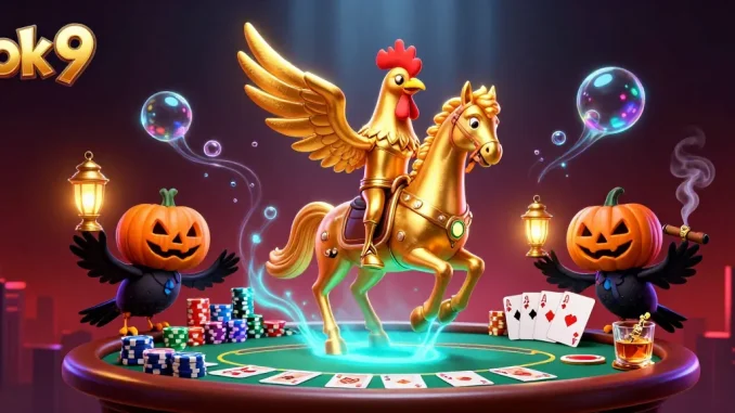 Experience the thrill of ok 9 as a golden rooster leads the casino scene amidst high-stakes poker.