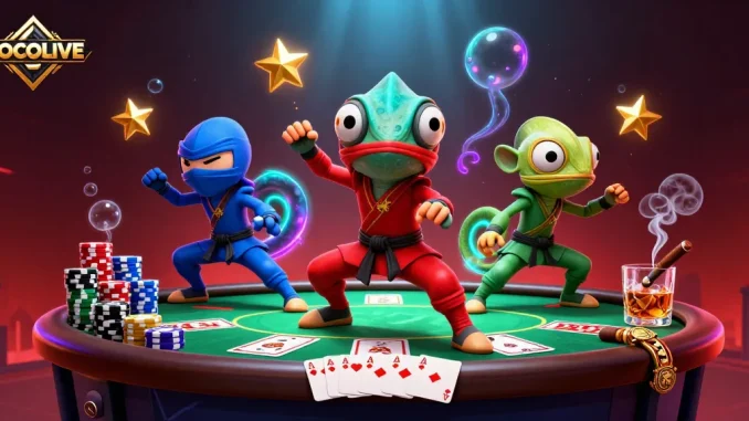 SOCOLIVE ninja chameleons showcase thrilling poker action with vibrant casino elements.