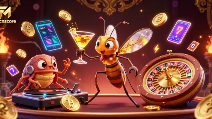 Experience the excitement of 7mcnscore with animated casino characters and crypto elements