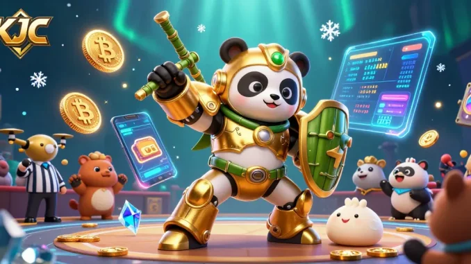 KJC presents an exciting 3D scene of a mech-suit golden panda in a gambling arena, showcasing cryptocurrency elements.