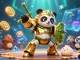 KJC presents an exciting 3D scene of a mech-suit golden panda in a gambling arena, showcasing cryptocurrency elements.