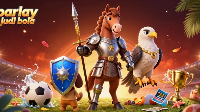 Engaging parlay judi bola action with knights, sports elements, and dynamic setting.