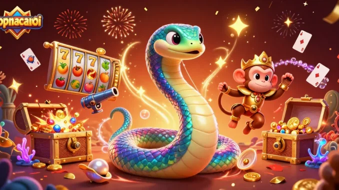 The thrilling topnhacaimoi experience comes alive with a vibrant 3D casino celebration featuring a rainbow serpent and playful monkey king.