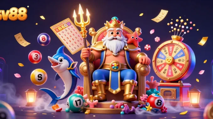 sv88 invites you to immerse in thrilling gaming with vivid illustrations featuring Neptune's dynamic casino scene.