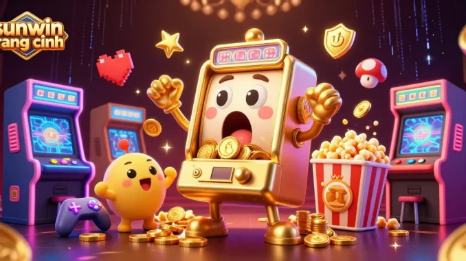 Experience the excitement of sunwin trang chính as cartoon slot machines hit jackpots surrounded by vibrant gaming elements.