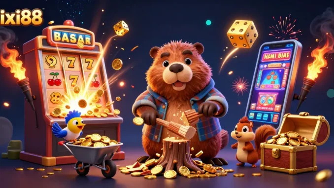Lixi88's exciting casino journey depicted through playful beaver, bird, and squirrel amid rich gambling elements.