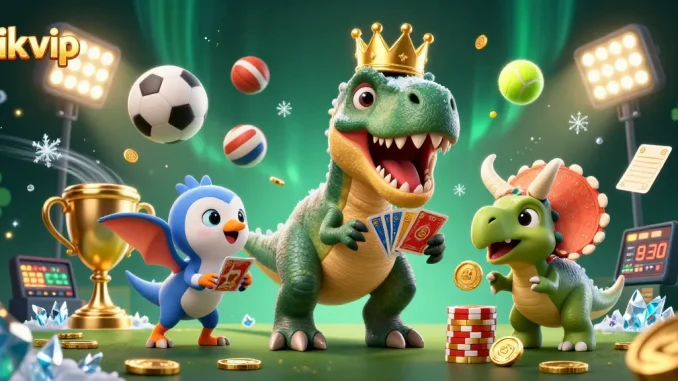 Engage with rik vip in a vibrant casino scene featuring a T-Rex and triceratops amidst dynamic sports elements.