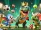 Engage with rik vip in a vibrant casino scene featuring a T-Rex and triceratops amidst dynamic sports elements.