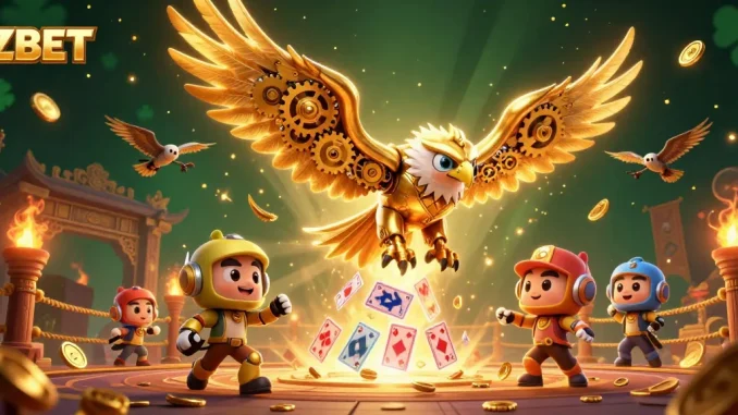 ZBET showcases a 3D golden eagle amidst holographic playing cards, capturing the thrill of online gaming.