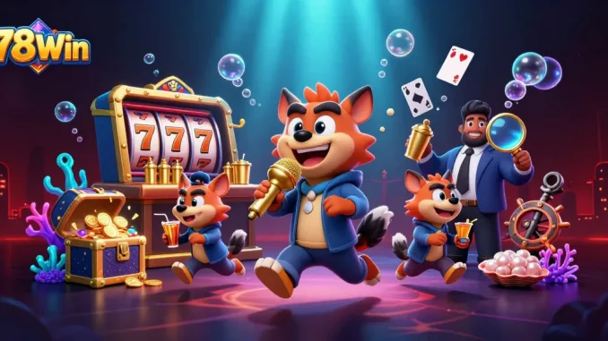 Experience thrilling gameplay at 78Win with vibrant characters and exciting slot features displayed in a dynamic casino scene.