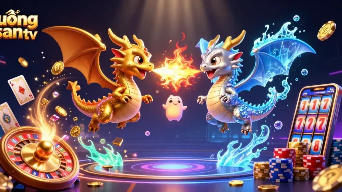 Experience the thrill of gambling with lương sơn tv, featuring dynamic dragons and sparkling casino elements.