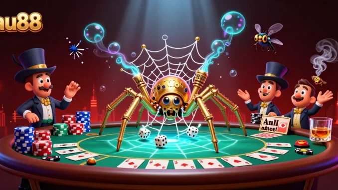 Catch the excitement at au88 with steampunk characters ensnaring dice in a golden web at an animated poker table.