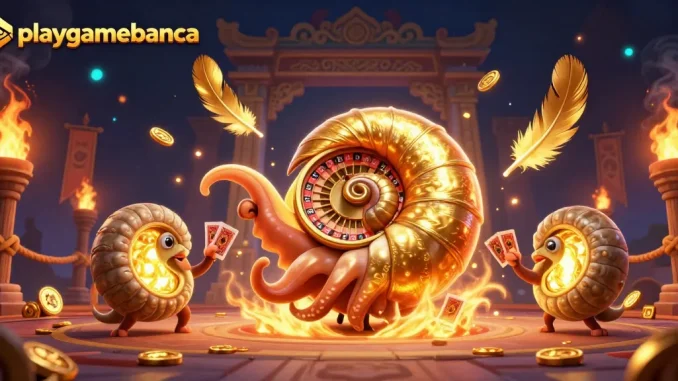 Engage with playgamebanca amidst vibrant casino elements and glowing ammonite companions.