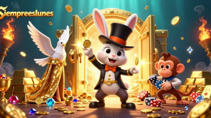 Experience the magic of siempreeslunes with a rabbit magician pulling coins, vibrant gems, and poker chips!