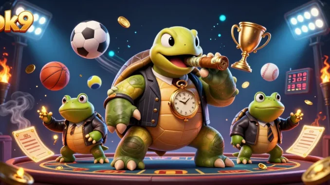 Experience exciting gaming at ok9 with a vibrant 3D scene featuring a turtle in a mobster suit amidst vibrant casino elements.