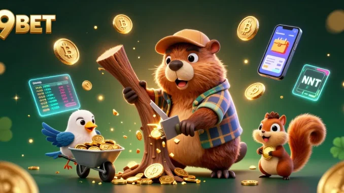 Experience thrilling gameplay at 9BET with cartoon characters enjoying a whimsical money rain.