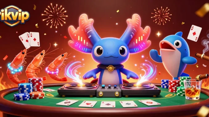 Experience the vibrant energy at rikvip with a neon-colored axolotl DJ and dynamic gambling elements!
