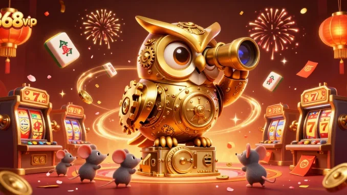 Experience vibrant gaming with 868vip as the golden owl oversees slot machines and festive elements.