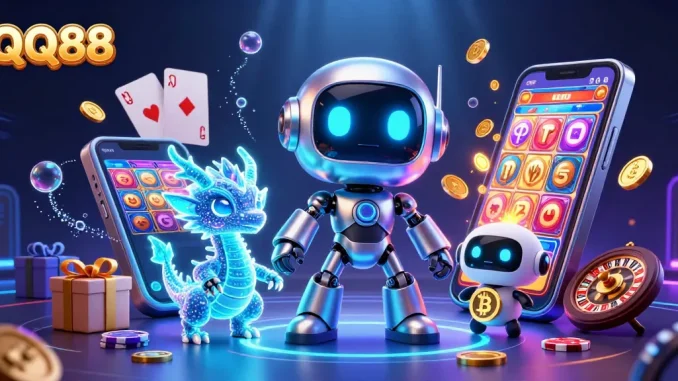 Engage in thrilling entertainment with QQ88 featuring a dynamic casino scene packed with games and vibrant characters.