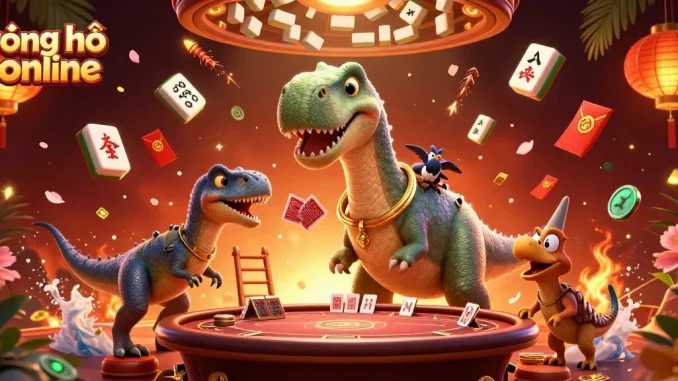 Experience the thrill of rồng hổ online with a dynamic scene featuring a cartoon dinosaur and raptor dealer in a casino.