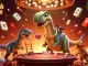 Experience the thrill of rồng hổ online with a dynamic scene featuring a cartoon dinosaur and raptor dealer in a casino.