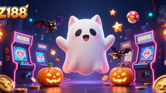 Experience the magic of Z188 in a haunted casino with friendly characters and vibrant game elements.