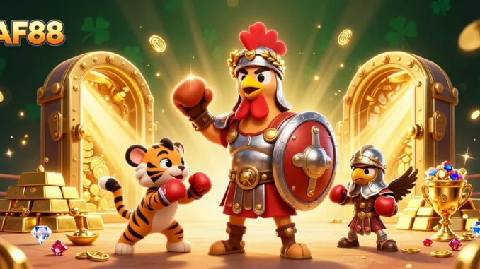 Experience the thrill of AF88's cockfighting arena with dynamic characters and sparkling treasures!