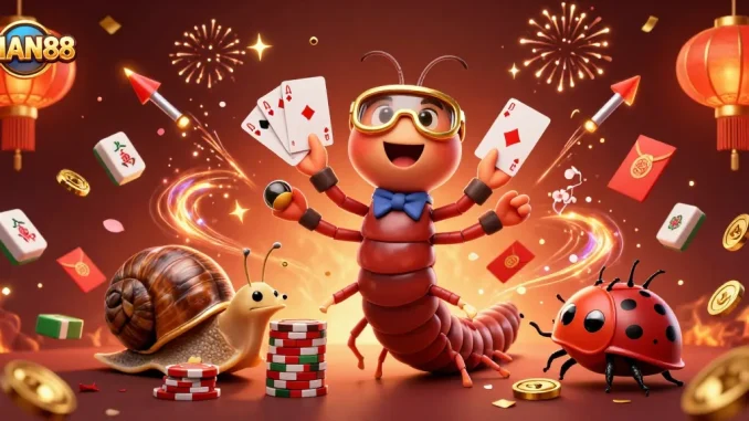 Experience the excitement of MAN88 with a vibrant casino scene showcasing colorful characters and rich gaming elements.