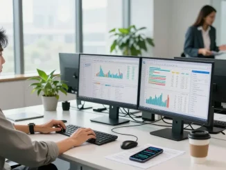 Financial analyst at work analyzing data trends with dhankubera in a modern office setting.