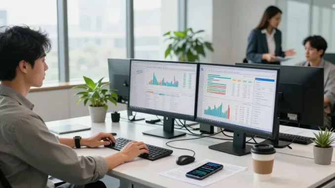 Financial analyst at work analyzing data trends with dhankubera in a modern office setting.
