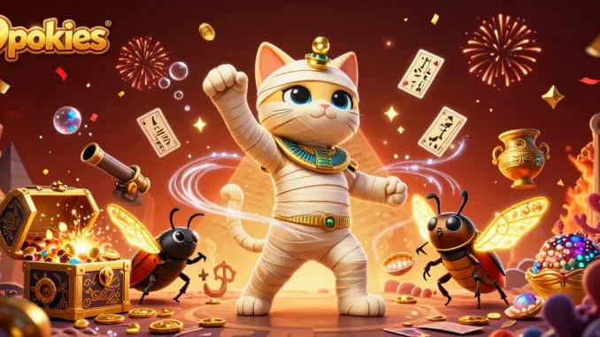 Experience the thrill of 9pokies with an energetic illustration featuring an Egyptian mummy cat and casino elements.