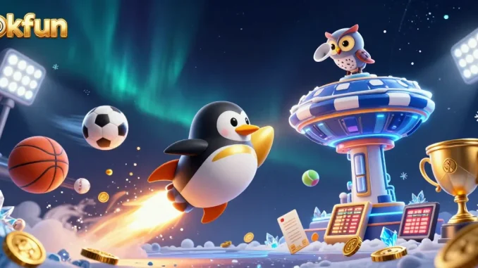Experience explosive gambling action with okfun featuring a golden penguin and dynamic sports elements.