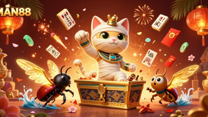 Experience the excitement of MAN88 with a dynamic casino scene featuring a mummy cat.