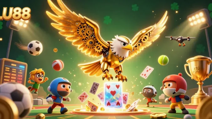 Experience the excitement of LU88 with a dynamic 3D illustration showcasing a cybernetic eagle amidst flying sports elements and holographic cards.