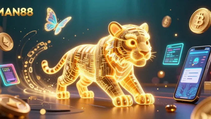 Engage with MAN88 as a golden tiger navigates a dynamic casino landscape full of crypto elements.