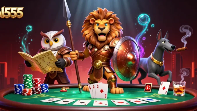Experience the thrilling atmosphere of bl555 with a rich 3D casino scene, featuring poker elements and dynamic characters.
